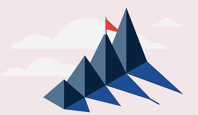 Illustration: Vier Berge und deren Schatten, auf dem dritten ist eine Fahne zu erkennen
